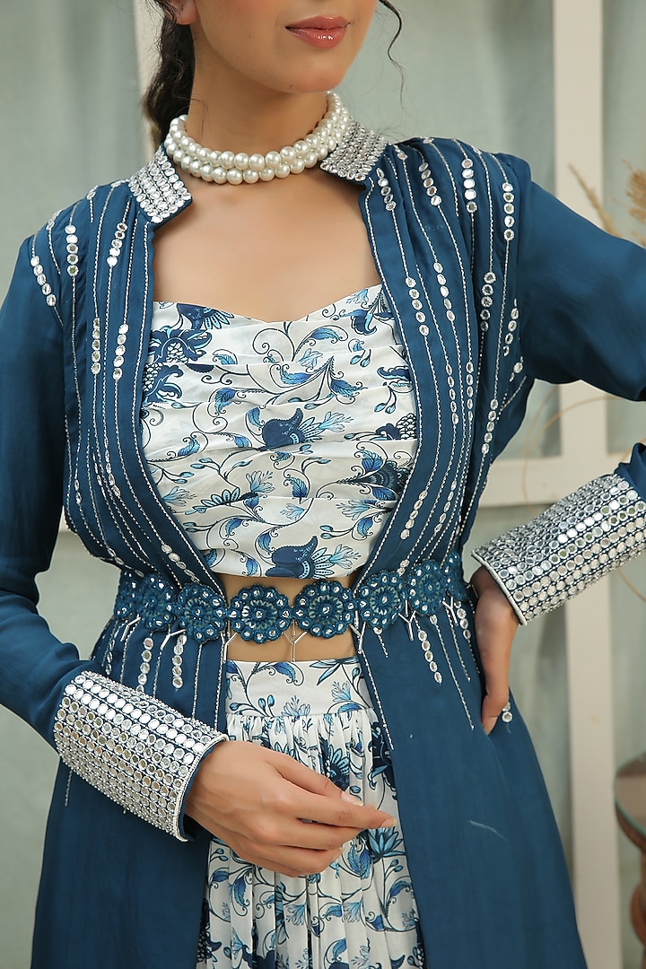 Berry Blue Printed & Hand Embroidered Jacket Set by Shreya Agarwal at Pernia's Pop Up Shop