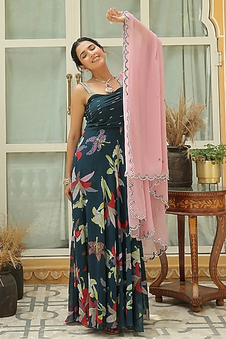 Berry Blue Printed & Hand Embroidered Anarkali Set by Shreya Agarwal