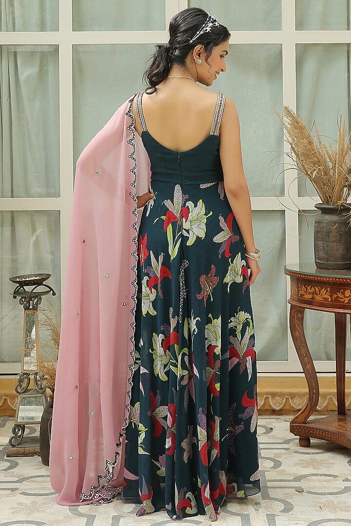 Berry Blue Printed & Hand Embroidered Party Wear Anarkali Set by Shreya Agarwal at Pernia's Pop Up Shop