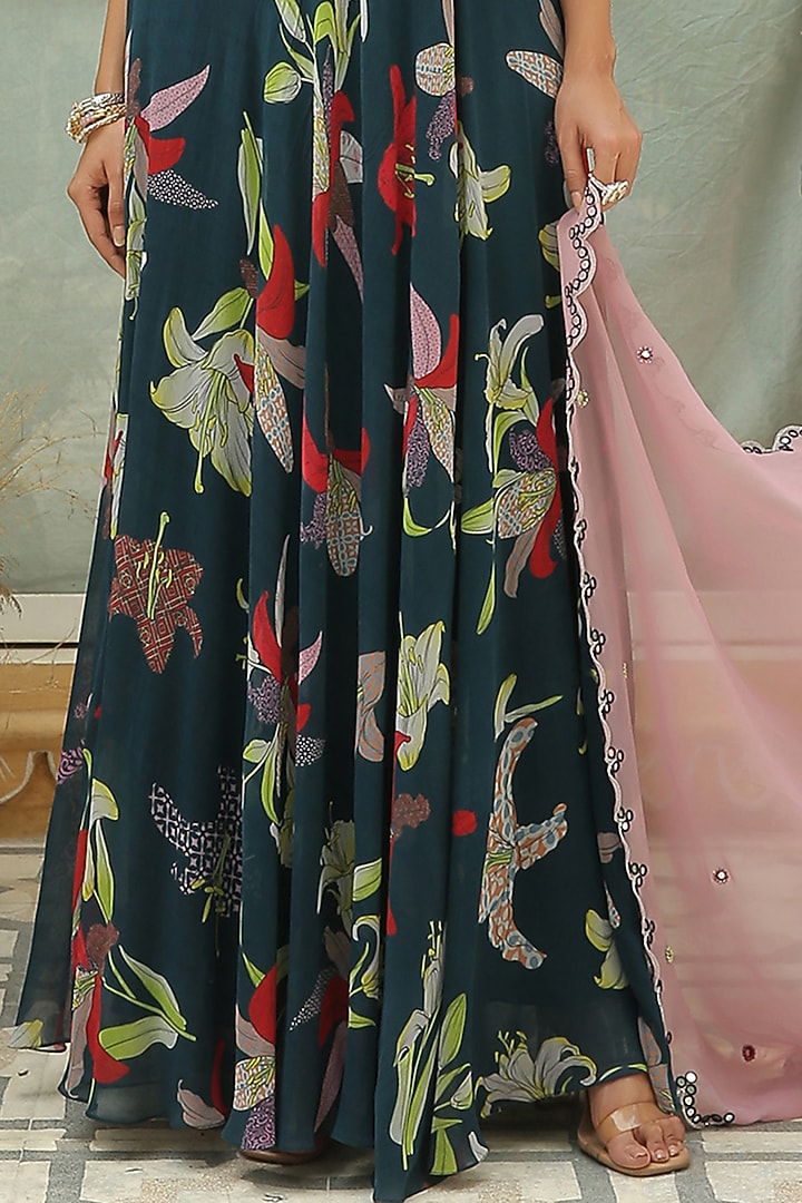 Berry Blue Printed & Hand Embroidered Party Wear Anarkali Set by Shreya Agarwal at Pernia's Pop Up Shop