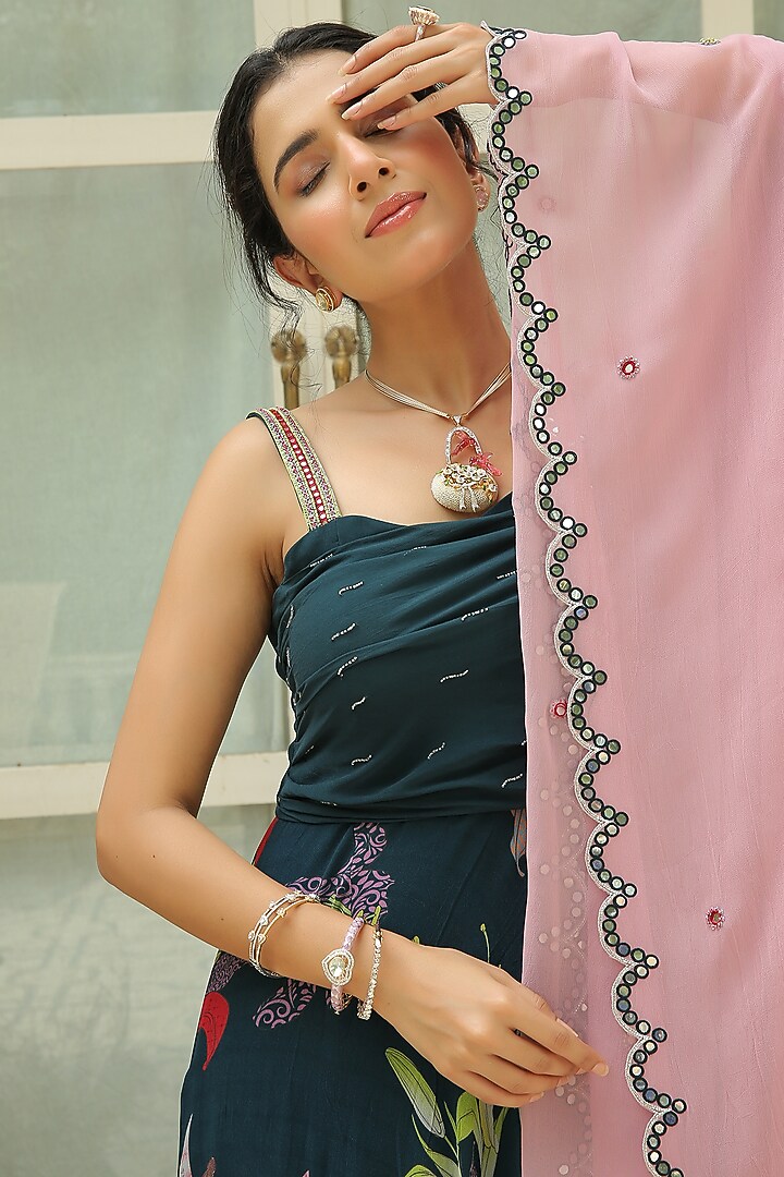 Berry Blue Printed & Hand Embroidered Party Wear Anarkali Set by Shreya Agarwal at Pernia's Pop Up Shop