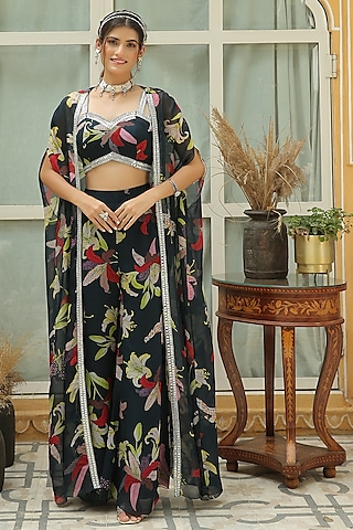 Berry Blue Hand Embroidered Jacket Set by Shreya Agarwal