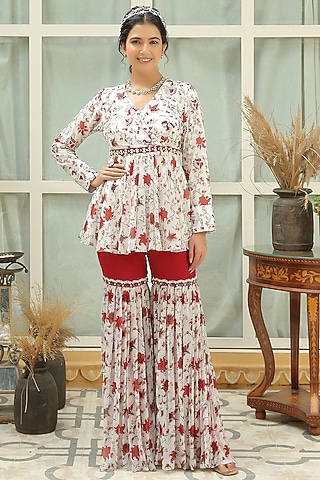 Red Dahlia Printed & Hand Embroidered Sharara Set by Shreya Agarwal