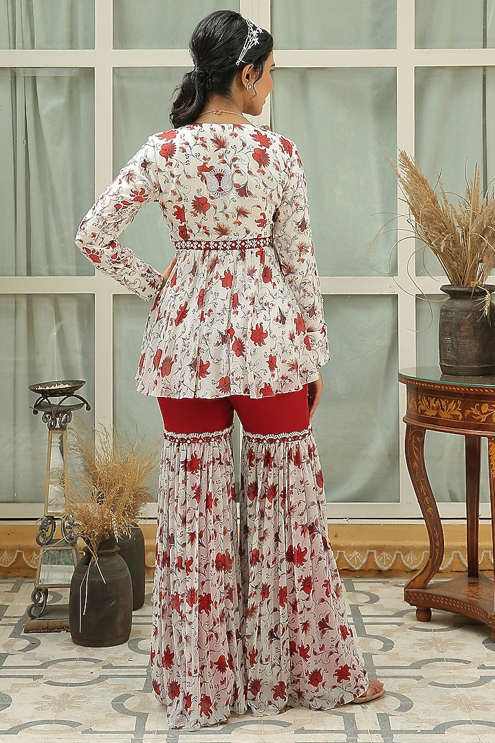 Red Dahlia Printed & Hand Embroidered Party Wear Sharara Set by Shreya Agarwal at Pernia's Pop Up Shop