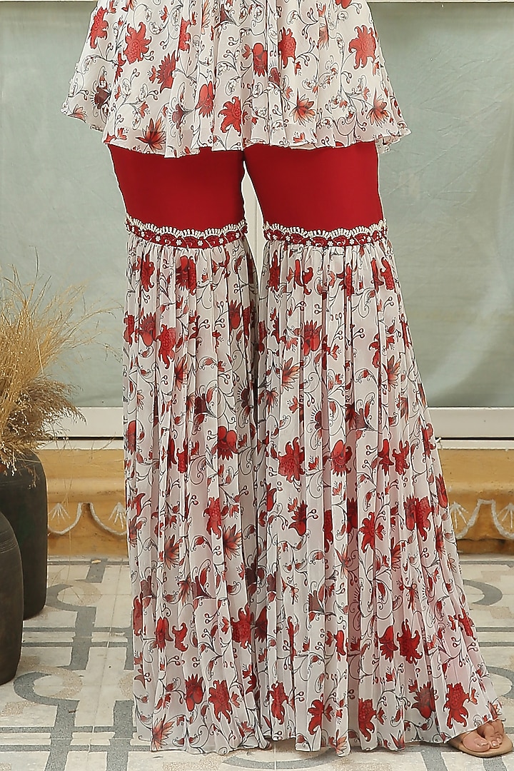 Red Dahlia Printed & Hand Embroidered Party Wear Sharara Set by Shreya Agarwal at Pernia's Pop Up Shop
