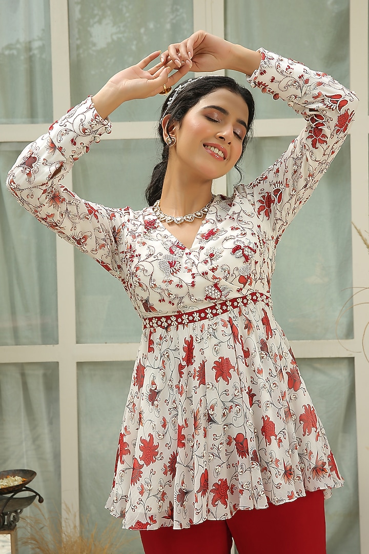 Red Dahlia Printed & Hand Embroidered Party Wear Sharara Set by Shreya Agarwal at Pernia's Pop Up Shop
