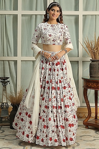 Ice White Printed & Hand Embroidered Lehenga Set by Shreya Agarwal