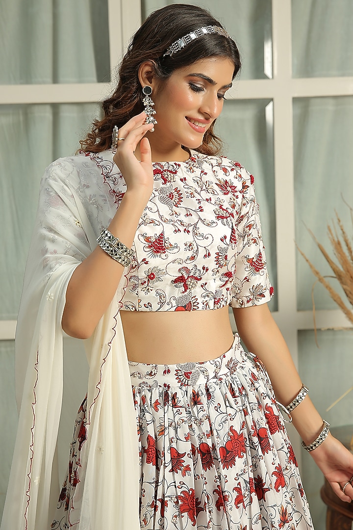 Ice White Printed & Hand Embroidered Wedding Lehenga Set by Shreya Agarwal at Pernia's Pop Up Shop