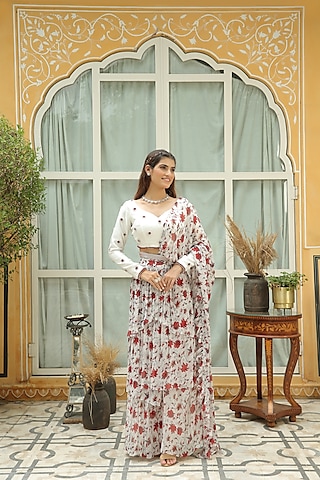 White Georgette Chikankari Embroidered Fish-Cut Pre-Stitched Saree Set by Shreya Agarwal