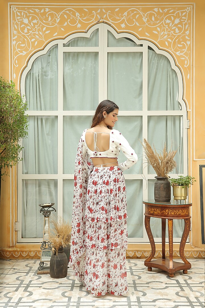 White Georgette Chikankari Embroidered Fish-Cut Pre-Stitched Party Wear Saree Set by Shreya Agarwal at Pernia's Pop Up Shop