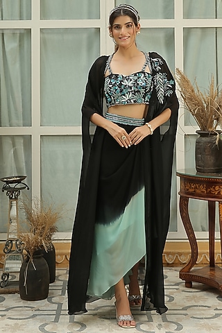 Black Hand Embroidered Cape Set by Shreya Agarwal