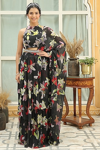 Black Georgette Printed & Hand Embroidered Ruffled Saree Set by Shreya Agarwal