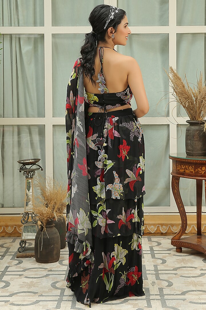 Black Georgette Printed & Hand Embroidered Ruffled Party Wear Saree Set by Shreya Agarwal at Pernia's Pop Up Shop