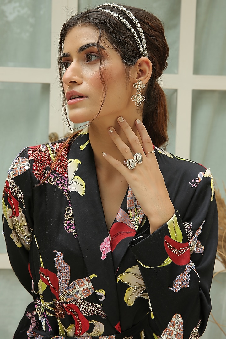 Black Printed & Hand Embroidered Pant Suit Set by Shreya Agarwal at Pernia's Pop Up Shop