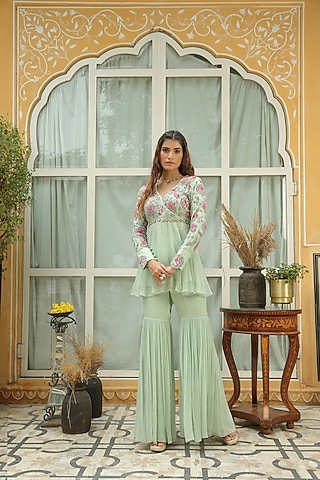 Sage Green Printed & Hand Embroidered Sharara Set by Shreya Agarwal