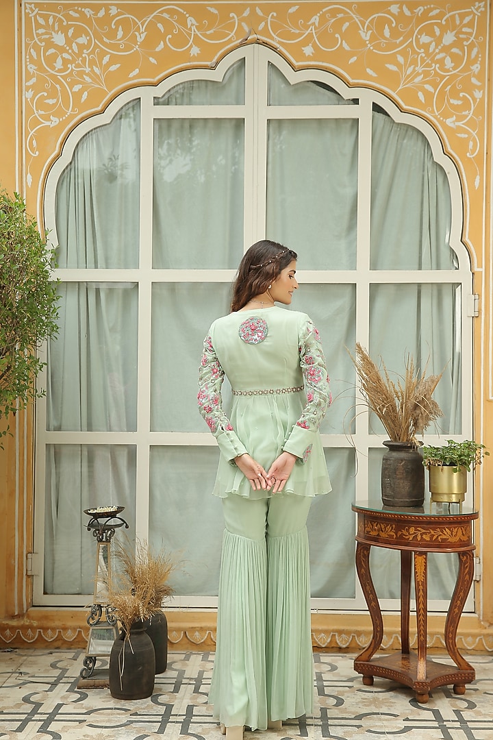 Sage Green Printed & Hand Embroidered Wedding Sharara Set by Shreya Agarwal at Pernia's Pop Up Shop