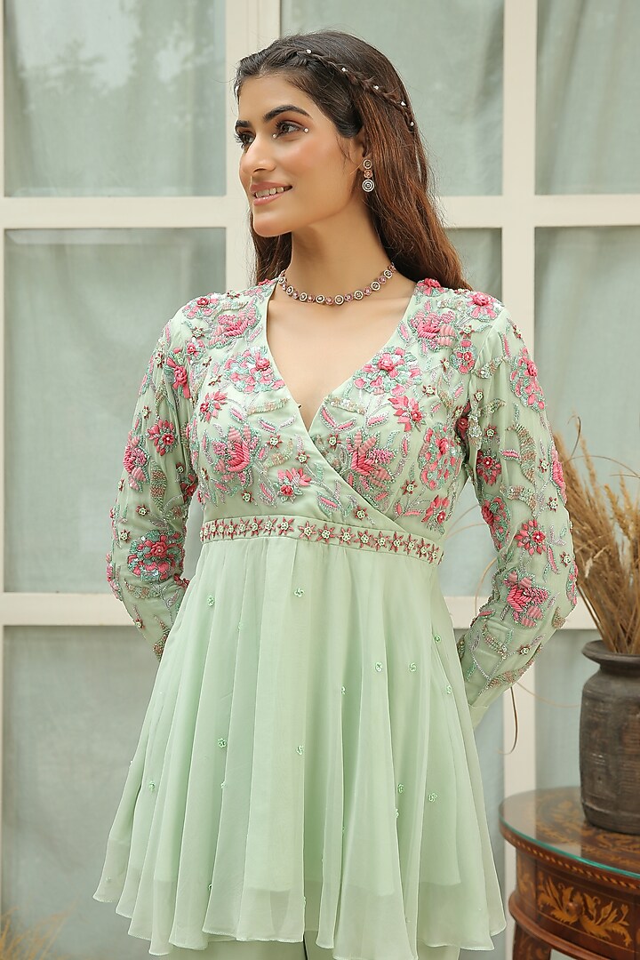 Sage Green Printed & Hand Embroidered Wedding Sharara Set by Shreya Agarwal at Pernia's Pop Up Shop