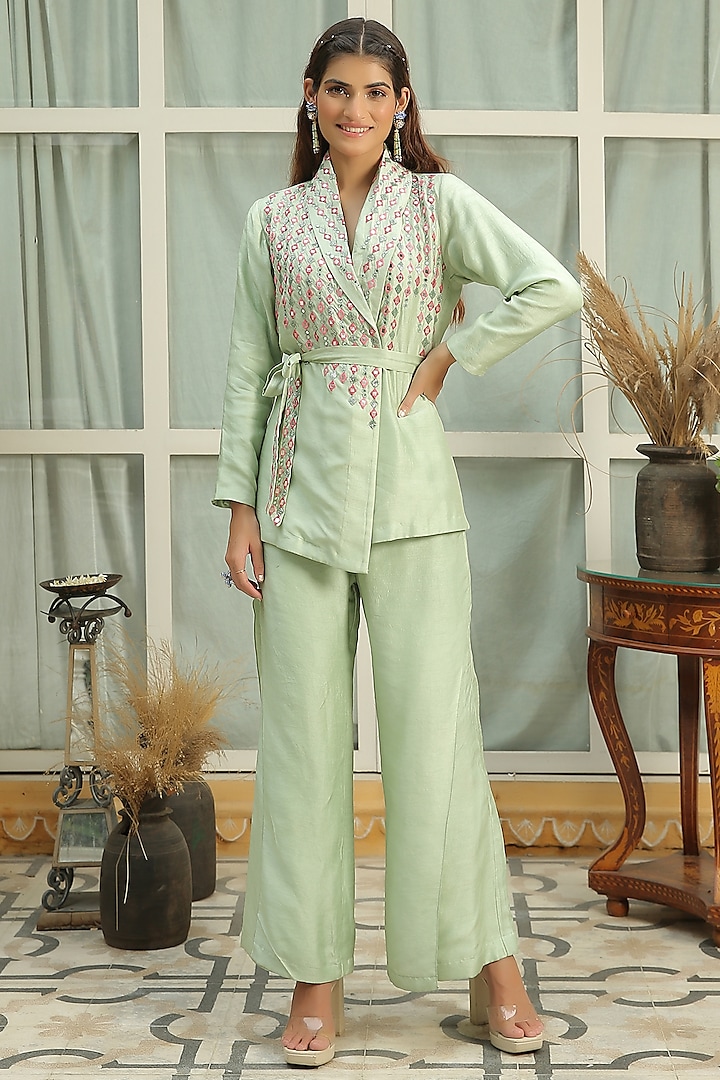 Sage Green Printed & Hand Embroidered Pant Suit Set by Shreya Agarwal