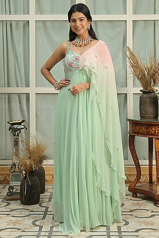 Sage Green Hand Embroidered Anarkali by Shreya Agarwal