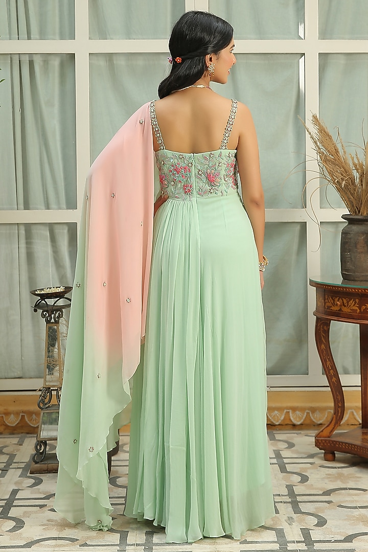 Sage Green Hand Embroidered Party Wear Anarkali by Shreya Agarwal at Pernia's Pop Up Shop
