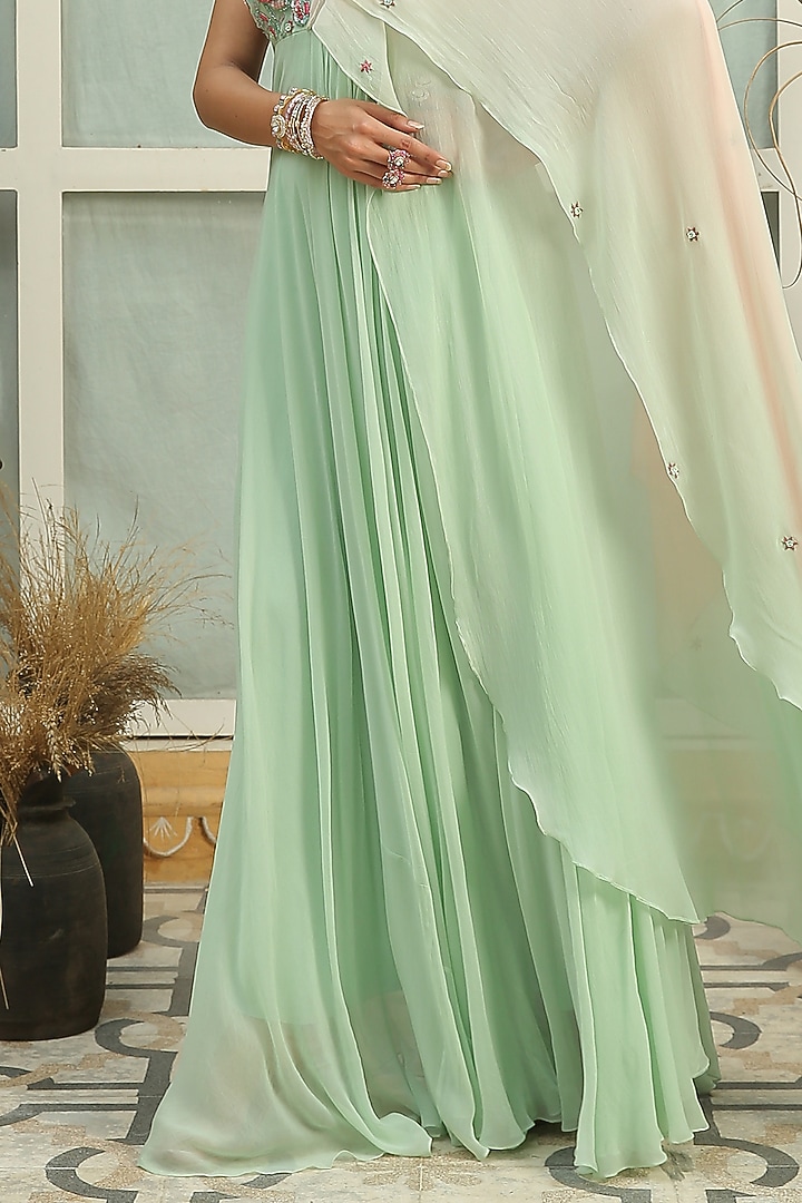 Sage Green Hand Embroidered Party Wear Anarkali by Shreya Agarwal at Pernia's Pop Up Shop
