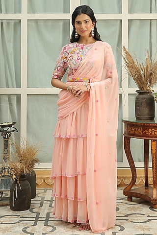 Rose Water Pink Hand Embroidered Saree Dress by Shreya Agarwal