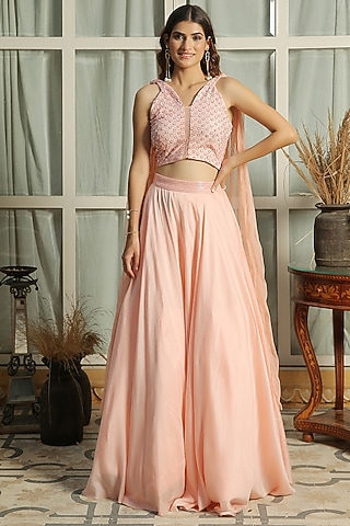 Rose Water Pink Hand Embroidered Lehenga Set by Shreya Agarwal
