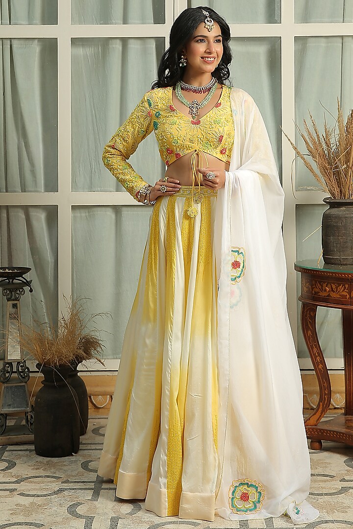 Daffodil Yellow Hand Embroidered Lehenga Set by Shreya Agarwal