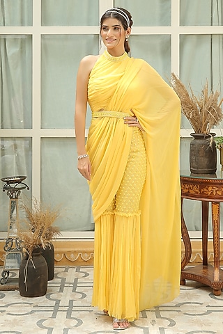 Daffodil Yellow Hand Embroidered Sharara Set by Shreya Agarwal