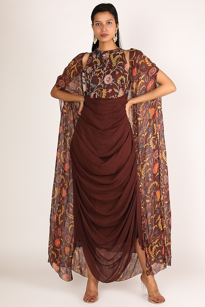 Burnt Brick Embroidered Cape Set For Girls by Shreya Agarwal - Kids at Pernia's Pop Up Shop