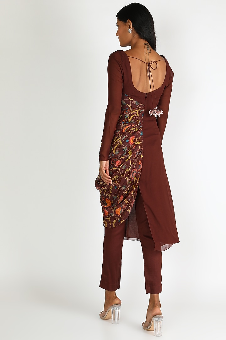 Burnt Brick Printed & Embroidered Cowl Kurta Set For Girls by Shreya Agarwal - Kids at Pernia's Pop Up Shop