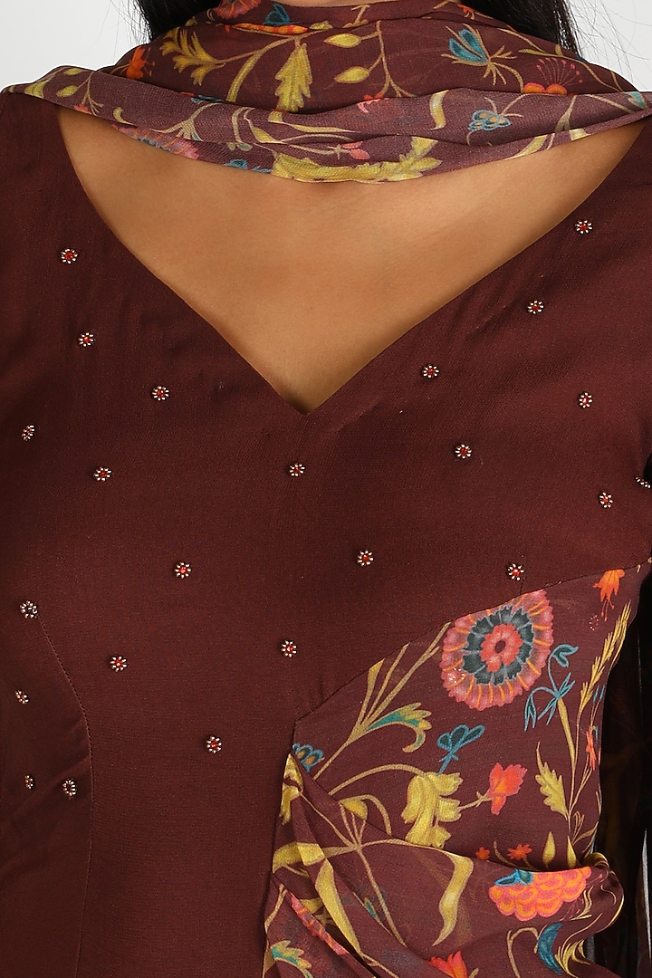 Burnt Brick Printed & Embroidered Cowl Kurta Set For Girls by Shreya Agarwal - Kids at Pernia's Pop Up Shop