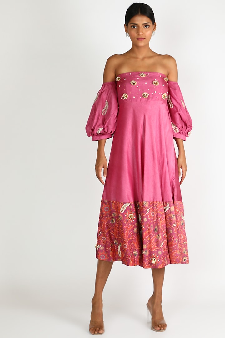 Fuchsia Embroidered Off Shoulder Dress For Girls by Shreya Agarwal - Kids at Pernia's Pop Up Shop