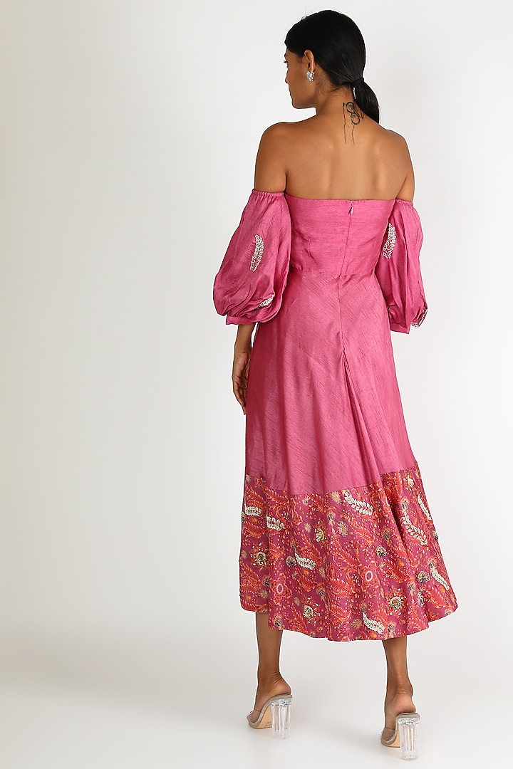 Fuchsia Embroidered Off Shoulder Dress For Girls by Shreya Agarwal - Kids at Pernia's Pop Up Shop