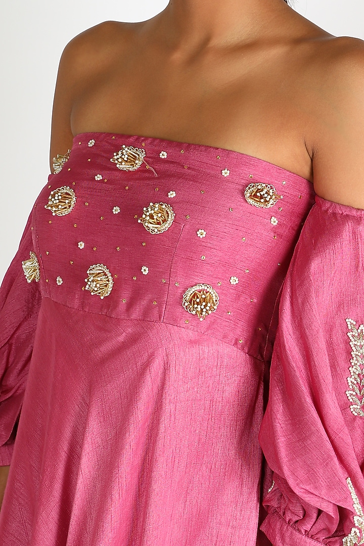 Fuchsia Embroidered Off Shoulder Dress For Girls by Shreya Agarwal - Kids at Pernia's Pop Up Shop