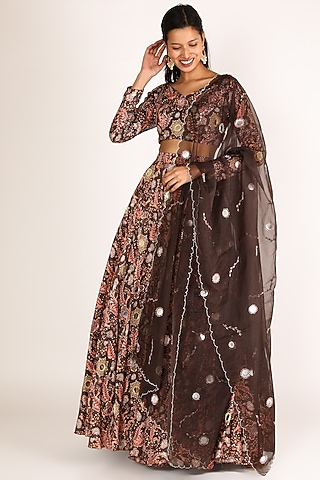 Brown Printed Lehenga Set For Girls by Shreya Agarwal - Kids