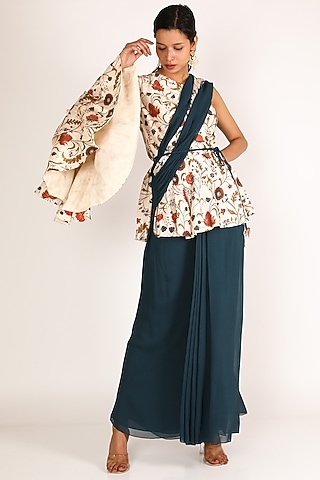 Blue & White Printed Pre Draped Saree Set For Girls by Shreya Agarwal - Kids