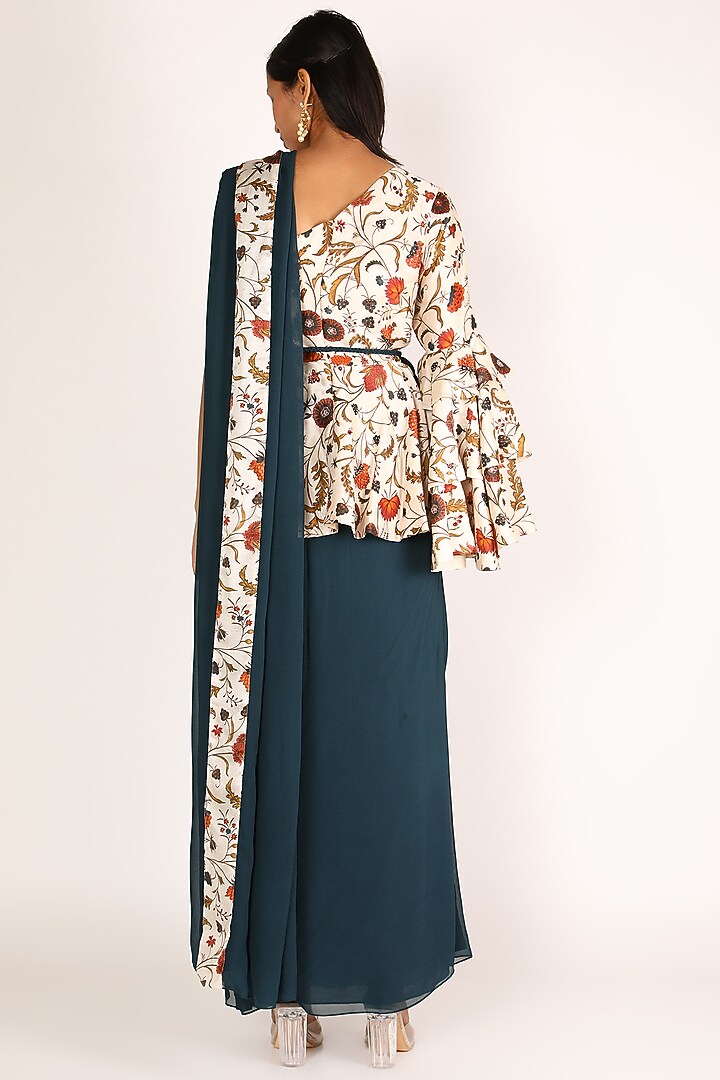Blue & White Printed Pre Draped Saree Set For Girls by Shreya Agarwal - Kids at Pernia's Pop Up Shop