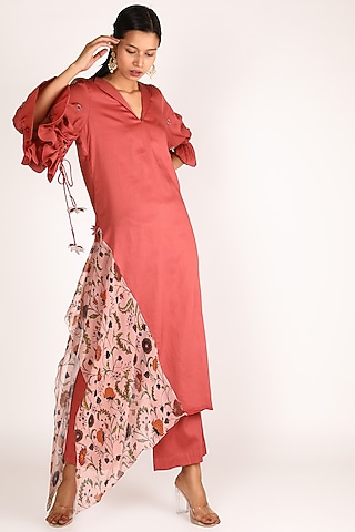 Pink Printed Kurta With Pants For Girls by Shreya Agarwal - Kids