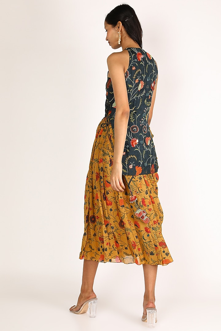 Cobalt Blue & Mustard Printed Skirt Set For Girls by Shreya Agarwal - Kids at Pernia's Pop Up Shop