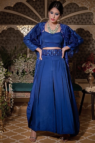 Cobalt Blue Frilled Jacket Set For Girls by Shreya Agarwal - Kids