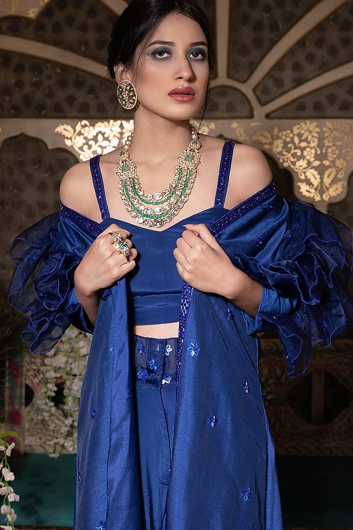 Cobalt Blue Frilled Jacket Set For Girls by Shreya Agarwal - Kids at Pernia's Pop Up Shop