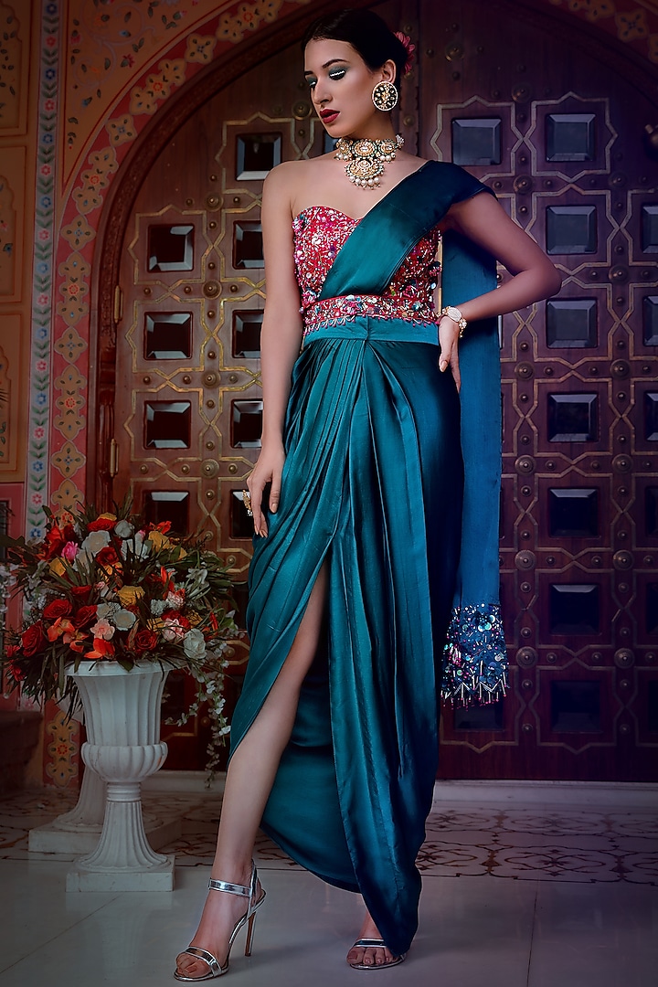 Teal Blue Embellished Pre-Stitched Saree Set For Girls by Shreya Agarwal - Kids
