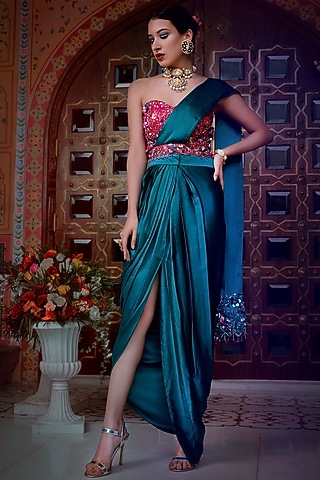 Teal Blue Embellished Pre-Stitched Saree Set For Girls by Shreya Agarwal - Kids