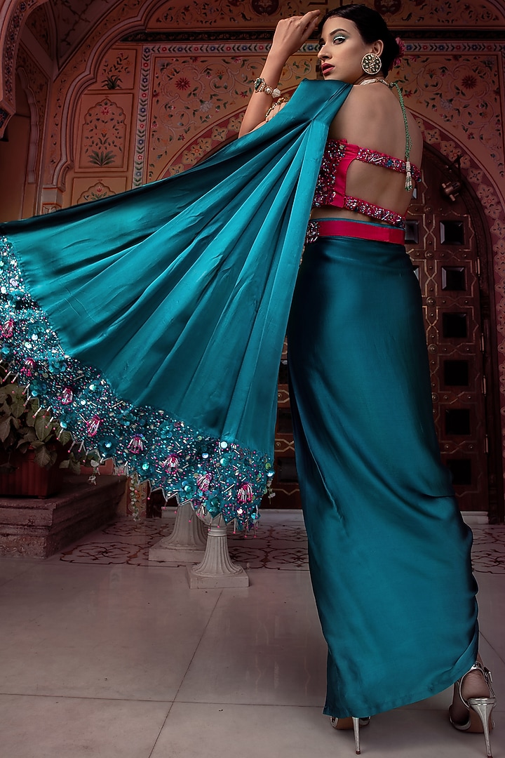 Teal Blue Embellished Pre-Stitched Saree Set For Girls by Shreya Agarwal - Kids at Pernia's Pop Up Shop