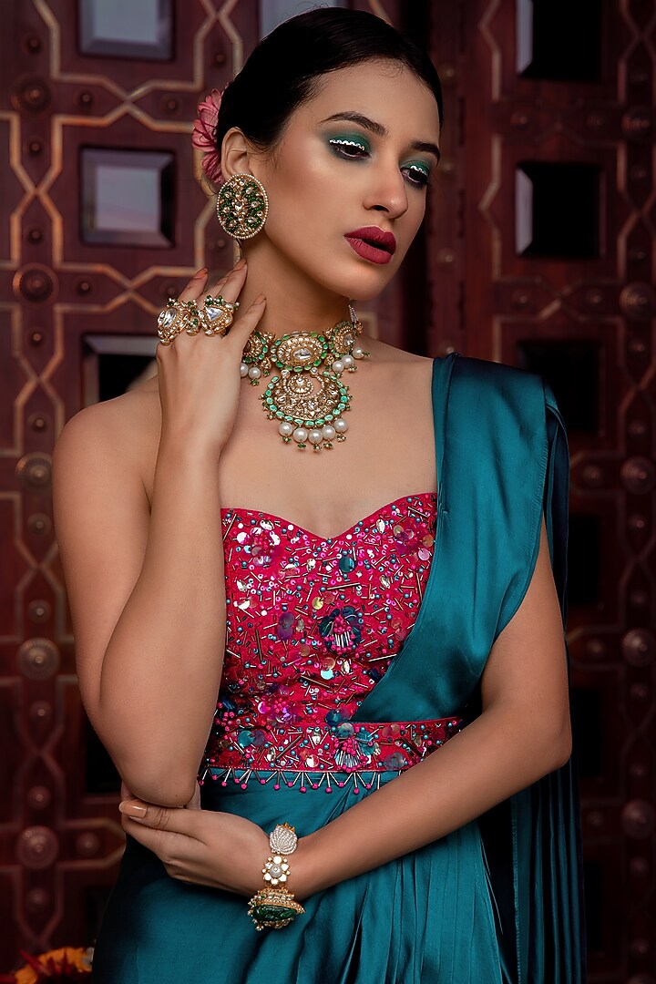Teal Blue Embellished Pre-Stitched Saree Set For Girls by Shreya Agarwal - Kids at Pernia's Pop Up Shop