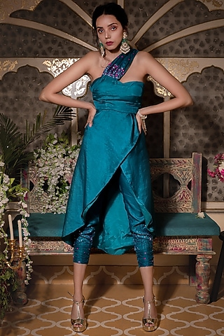 Teal Blue Embroidered Draped Kurta Set For Girls by Shreya Agarwal - Kids