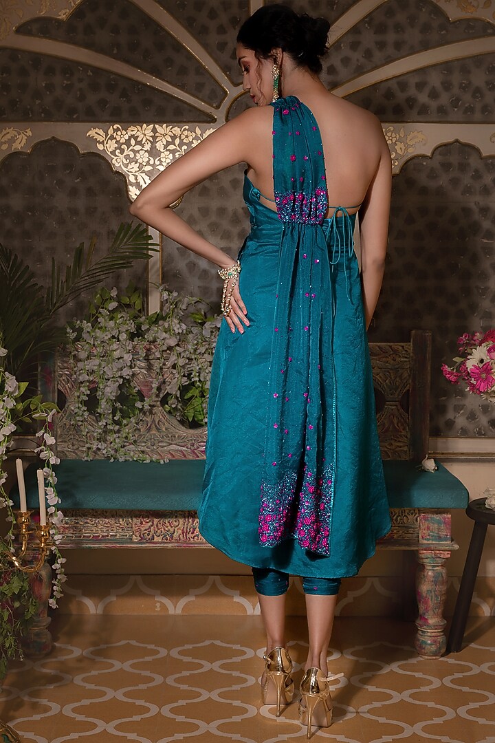 Teal Blue Embroidered Draped Kurta Set For Girls by Shreya Agarwal - Kids at Pernia's Pop Up Shop