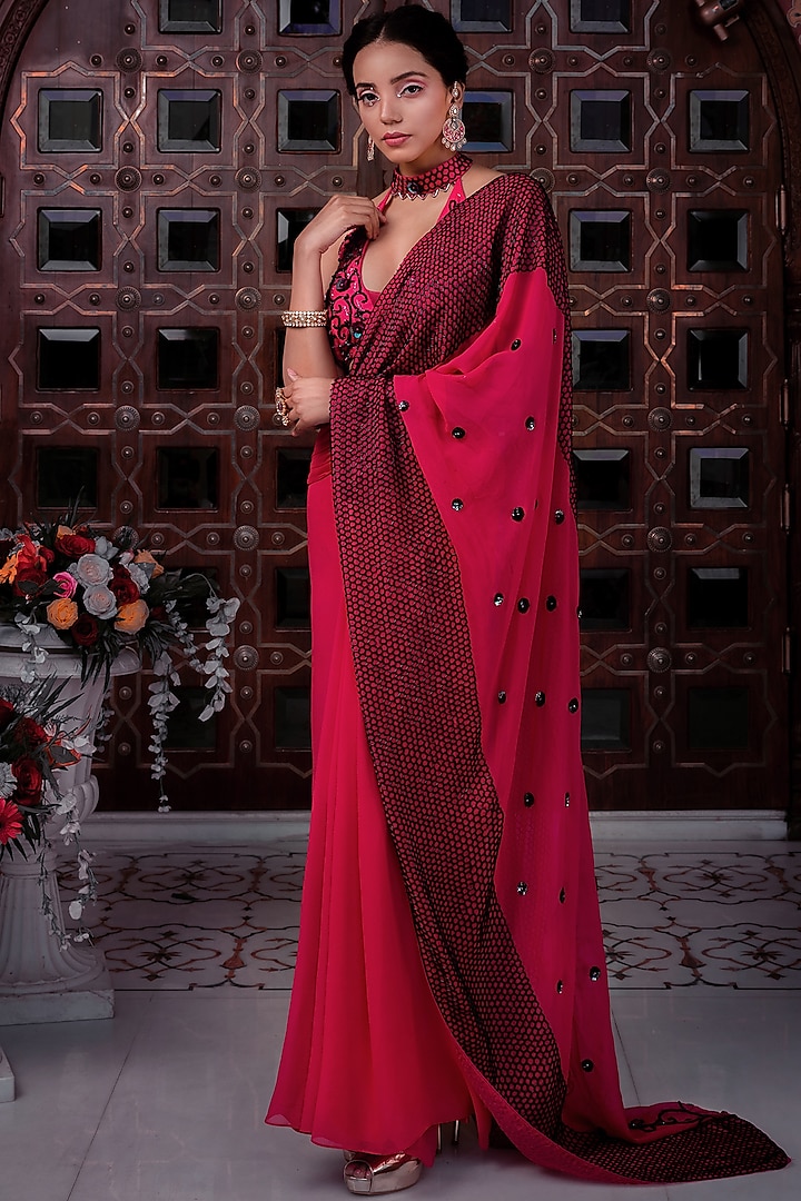 Fuchsia Embellished Pre-Stitched Saree Set  For Girls by Shreya Agarwal - Kids