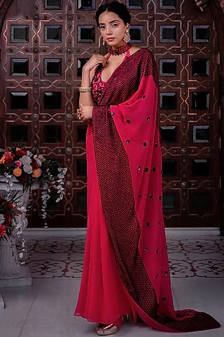 Fuchsia Embellished Pre-Stitched Saree Set  For Girls by Shreya Agarwal - Kids
